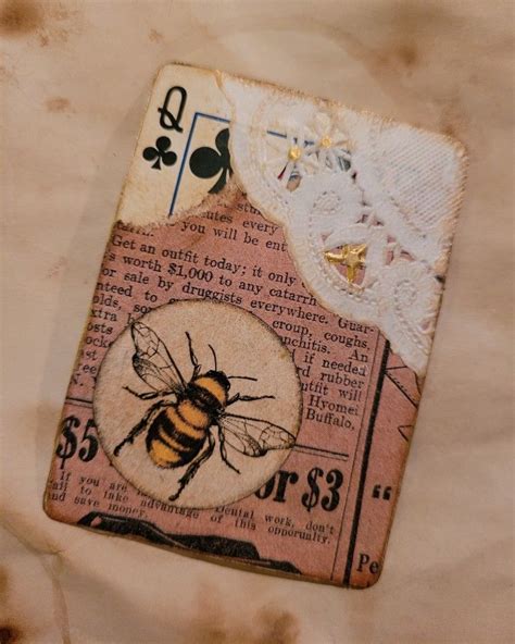 Altered Playing Card Queen Bee Of Clubs On Coffee Stained Paper
