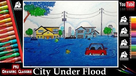 City Under Flood Scenery Drawing Tribute To Biharassamkeralamumbai