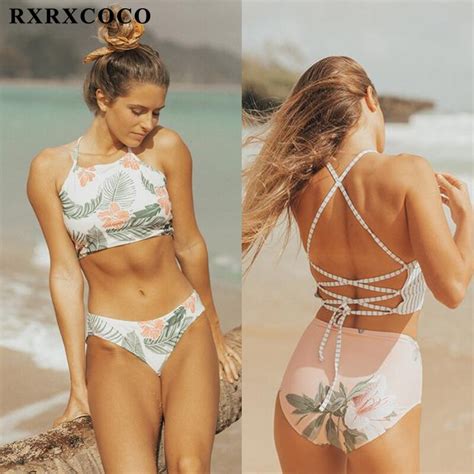 Rxrxcoco Sexy Printed Bandage Bikini Set Swimwear Women High Neck Halter Swimsuit High Waist