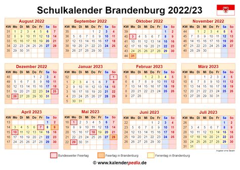 Schulkalender 20222023 Brandenburg Für Pdf
