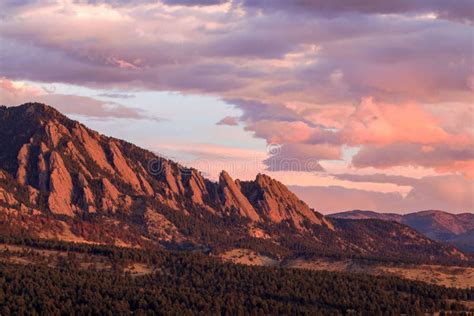 Sunrise Over The Flatirons Mountains Near Boulder Colorado Stock Image