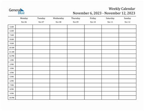 Weekly Calendar With Monday Start For Week 45 November 6 2023 To