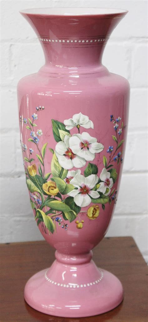 Sold Price Victorian Pink Glass Vase Hand Painted With Flowers 42cm X 14cm Invalid Date Aest