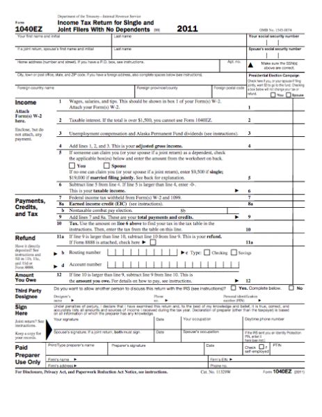 Form 1040 Ez Income Tax Return For Single And Joint Filers With No