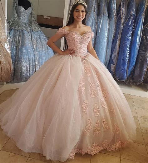 Blush Pink Puffy Sweet 16 Off Shoulder Ball Gowns Sixteen Beaded Crystal Light Pink Tulle