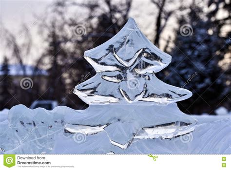 Icy Christmas Tree Sculpture Carved From Piece Of Ice Stock Image