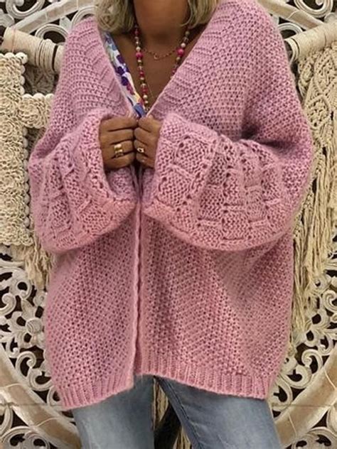 New Pink V Neck Long Sleeve Oversized Cardigan Sweater Loose Knit