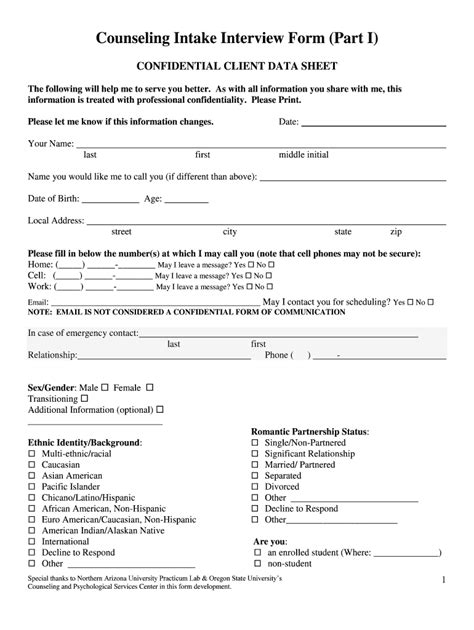 Fillable Online Counseling Intake Interview Form Part I Fax Email Print Pdffiller