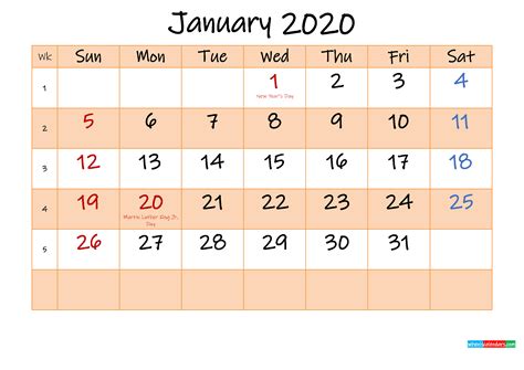 Editable January 2020 Calendar Template K20m481