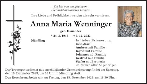 Traueranzeigen Von Anna Maria Wenninger Augsburger Allgemeine Zeitung