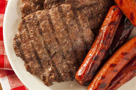 Grilled Hamburgers And Hot Dogs Stock Photo Image Of Beef Barbeque