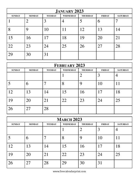 2023 Calendar Three Months Per Page Printable Template Free 2023