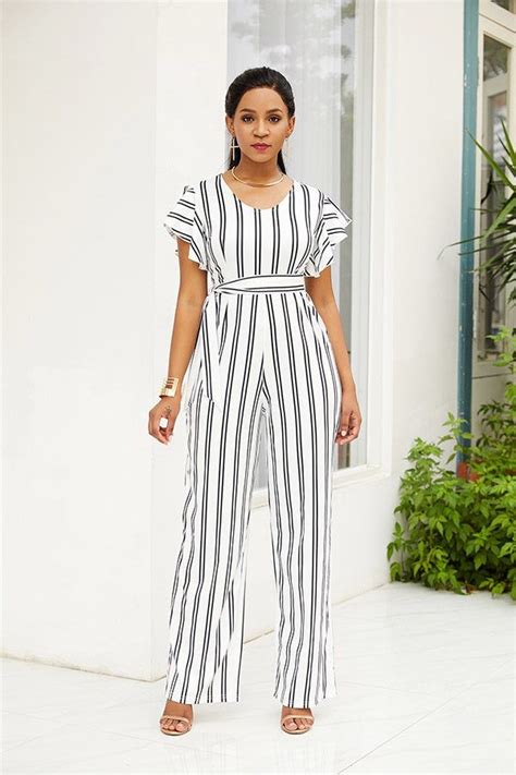 Black And White Striped Jumpsuit With Flouncing Sleeve Design Striped