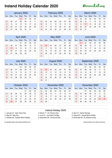 Calendar Horizontal Grid Sunday To Saturday Bank Holiday Ireland A4