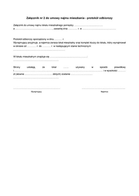 Druk UNMzal Protokół zdawczo odbiorczy załącznik nr do umowy najmu mieszkania druk
