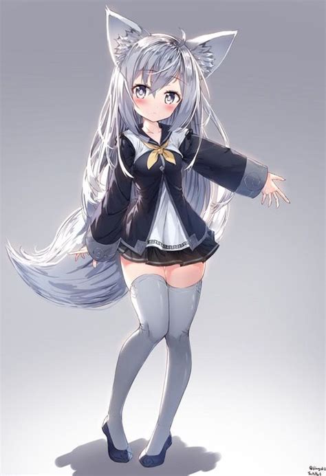 Little Cute Silver Fox Girl Original Kemonomimi Anime Wolf Girl