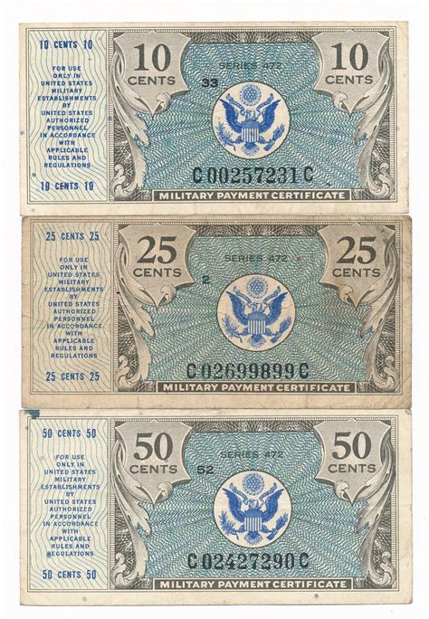 Us Military Payment Certificate Mpc 10 25 And 50 Cents Series 472 Fvf 3