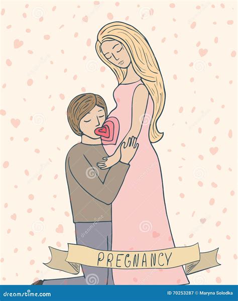 Man Kissing Pregnant Belly Of His Wife Cute Illustration Cartoon