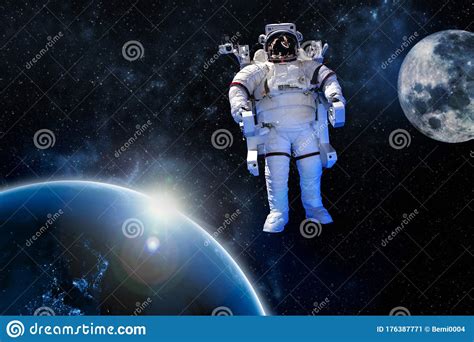 Astronaut Float In The Space In Weightlessness Near To Planet Earth