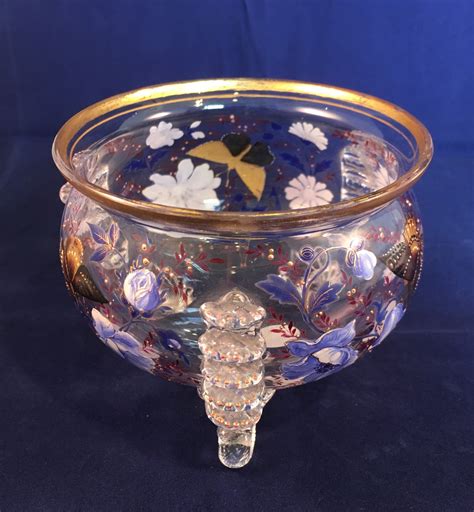 Moser A Small Beautifully Enamelled And Gilded Floral And Butterfly Footed Bowl Unsigned