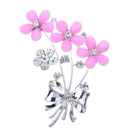 Pink Flowers Brooch Pins With Clear Crystal Rhinestones For Women Bride
