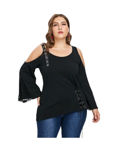 Plus Size Faux Leather Strap Asymmetric T Shirt Black 3487568612