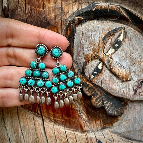 Signed Navajo Turquoise Cluster Earrings With Dangles Medum Size