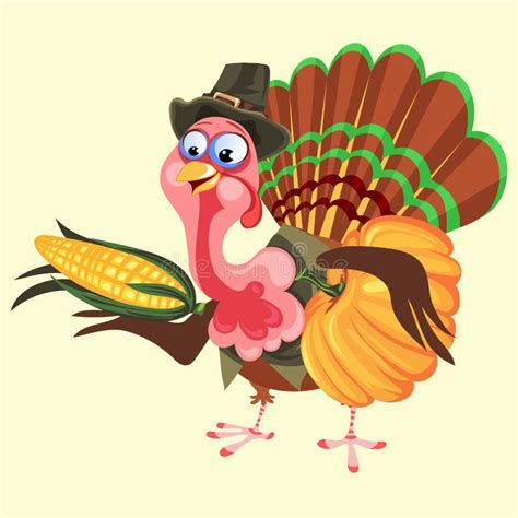 Cartoon Thanksgiving Turkey Character In Hat Holding Harvest Autumn