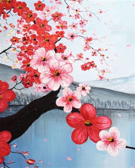 Cherry Blossom Painting Red Wall Art Red Sakura Painting Etsy