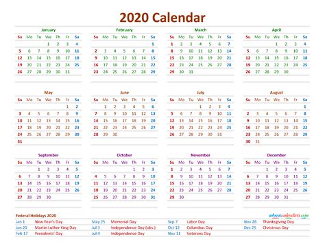 2020 Monthly Calendar With Holidays Template