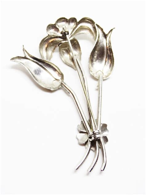 1940s Sterling Silver Flower Bouquet Brooch Gem