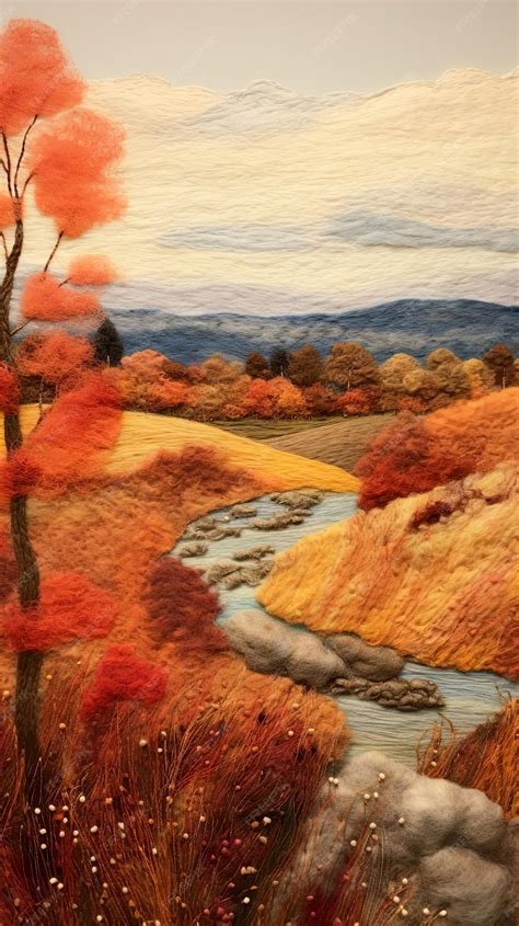 Premium Ai Image Artistic Small Autumn Landscape Made Out Of Felted Wool In Orange And Fall Colors