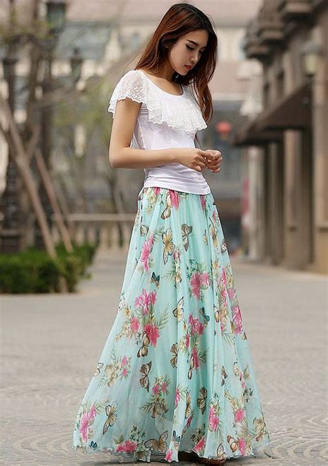 Blue Floral Print Skirt Woman Chiffon Skirt Custom By Xiaolizi I Must