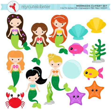 Mermaids Clipart Set Clip Art Set Of Mermaids Sea Creatures Cute