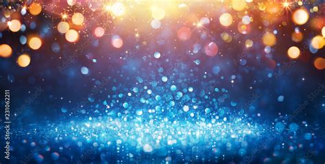 Abstract Glittering Blue Glitter With Golden Christmas Lights And