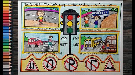 How To Draw Road Safety Poster Step By Step L Road Safety Rules Chart Drawing For Art