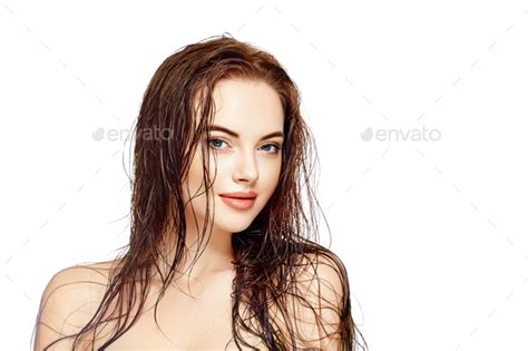 Wet Hair Woman Portrait Beauty Hair Healthy Skin Care Concept