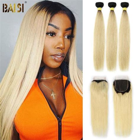 Baisi Hair Brazilian Virgin Hair 1b613 Blonde Straight Hair Weave 3 Bundles With Closure 100