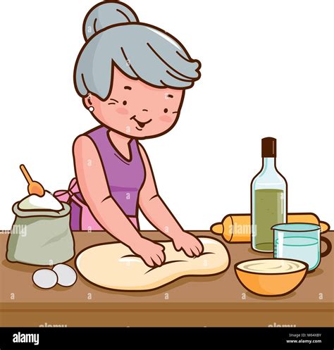 Grandmother Kneading Pastry Or Dough In The Kitchen Vector