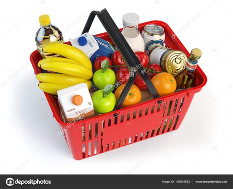 Shopping Market Basket With Variety Of Grocery Products Isolated Stock