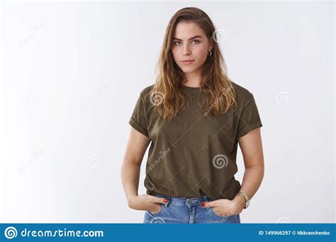 Serious Looking Confident Caucasian Woman Aiming Win Determined Achieve Goal Standing Self