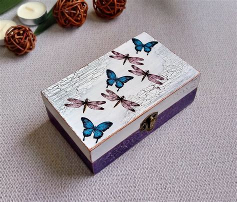 Purple Decorative Wooden Box Vintage Style Decoupage Jewelry Small Box