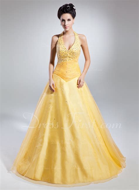 Ball Gown Halter Floor Length Organza Prom Dress With Ruffle Beading