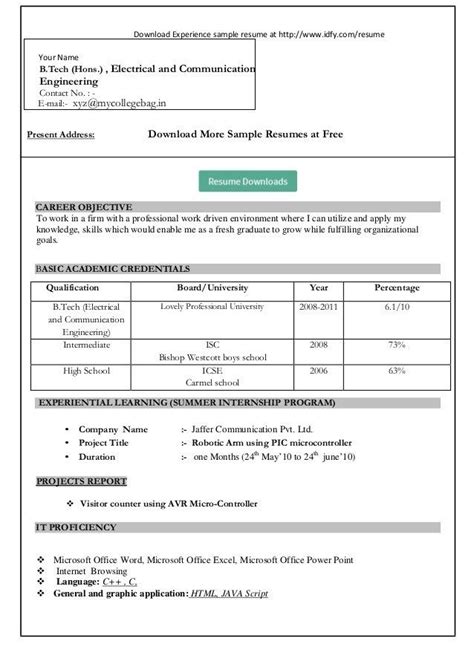 A generalized template for freshers. Resume Format Download In Ms Word | Free CV template for ...