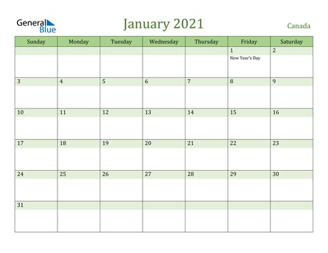 Monthly calendar for the month october in year 2021. Canada January 2021 Calendar with Holidays