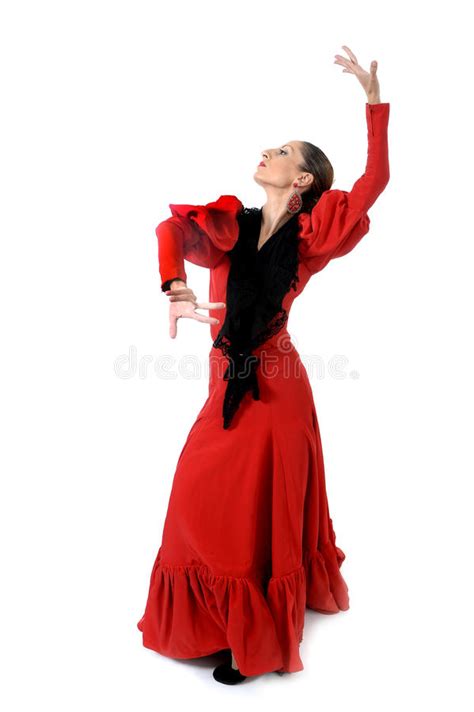 Young Spanish Woman Dancing Flamenco In Typical Folk Red Dress Stock
