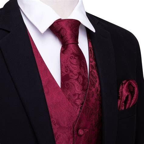 Luxury Burgundy Red Paisley Silk Mens Vest Tie Hanky Cufflinks Set
