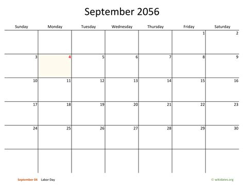 September 2056 Calendar With Bigger Boxes
