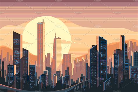 Sunrise Landscape In City Illustrator Graphics ~ Creative Market