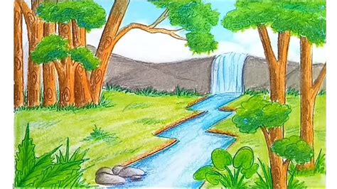 Waterfall Scenery Drawing For Beginners With Oil Pastels Step By Step